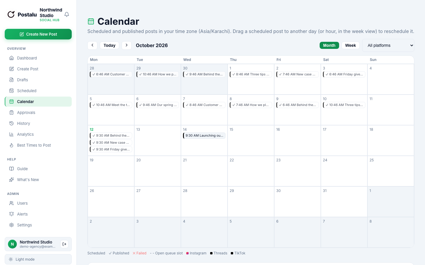 The Postalu calendar showing scheduled and published posts