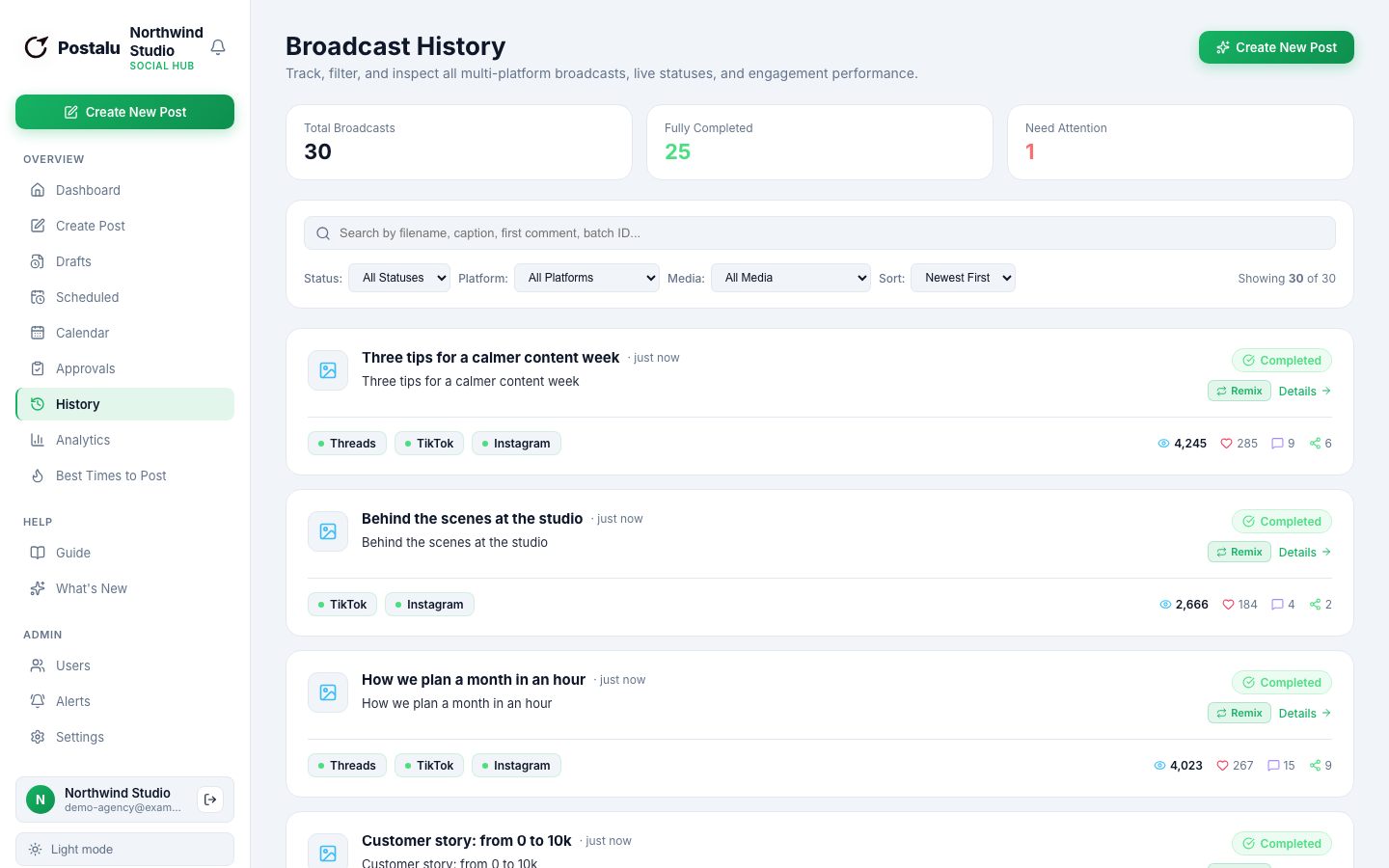 Broadcast history in Postalu