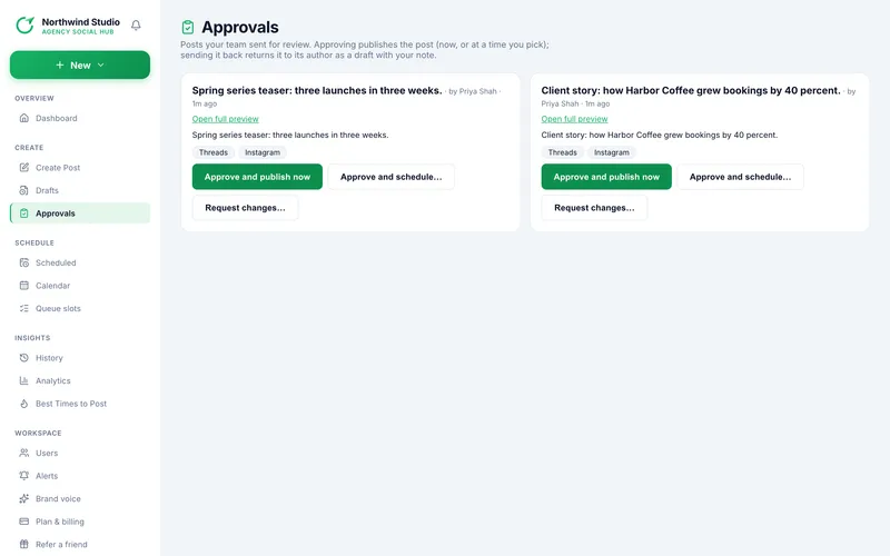 Postalu approvals page with posts waiting for review and the approve, schedule or request changes buttons