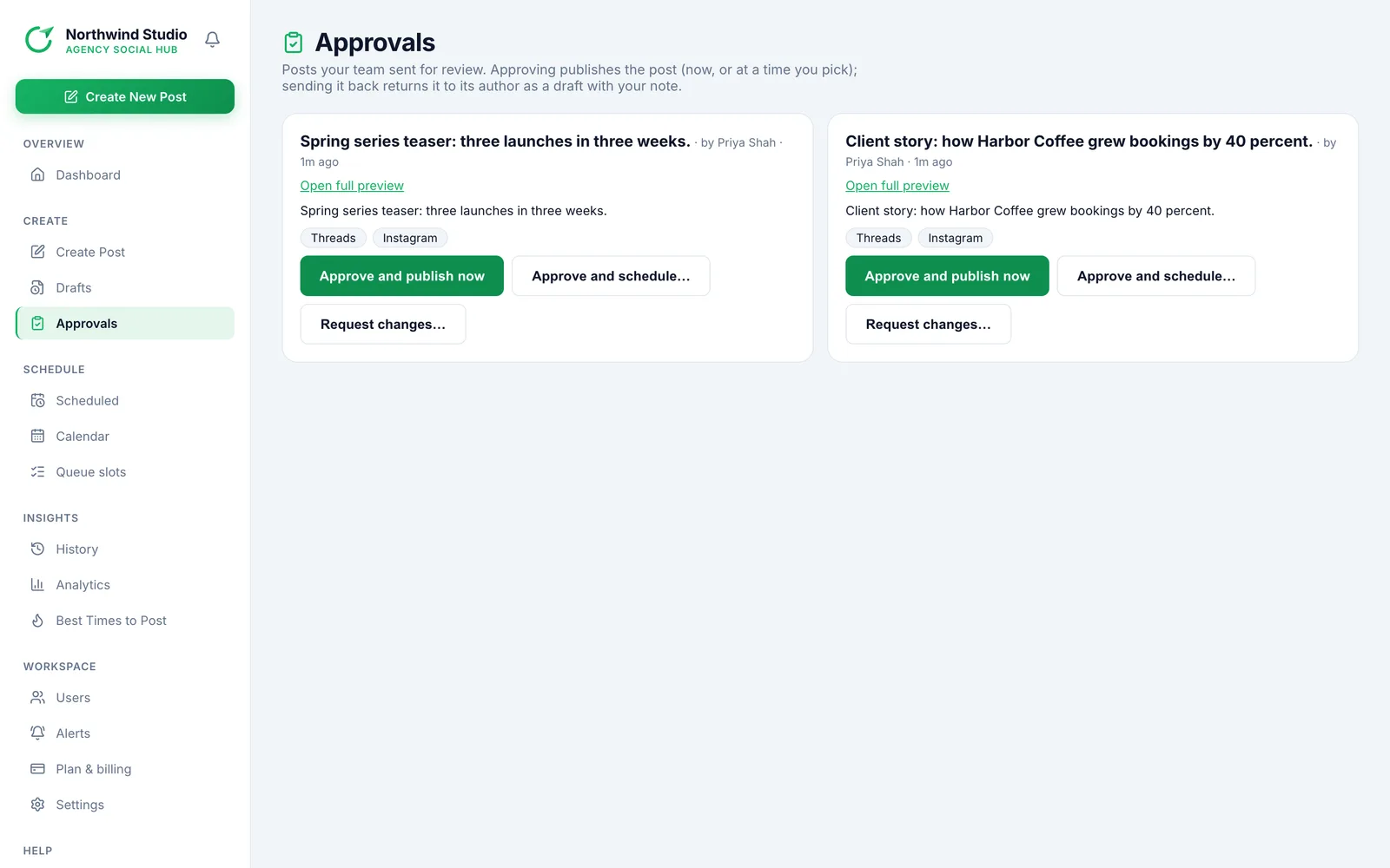 Postalu approvals page with posts waiting for review and the approve, schedule or request changes buttons