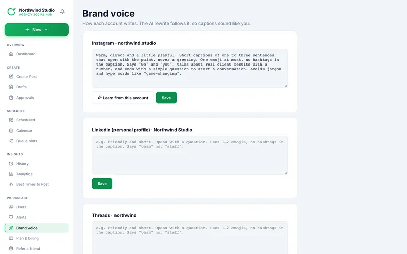 Postalu brand voice page where each connected account has a written brand voice, learned from its recent posts, that the AI rewrite follows