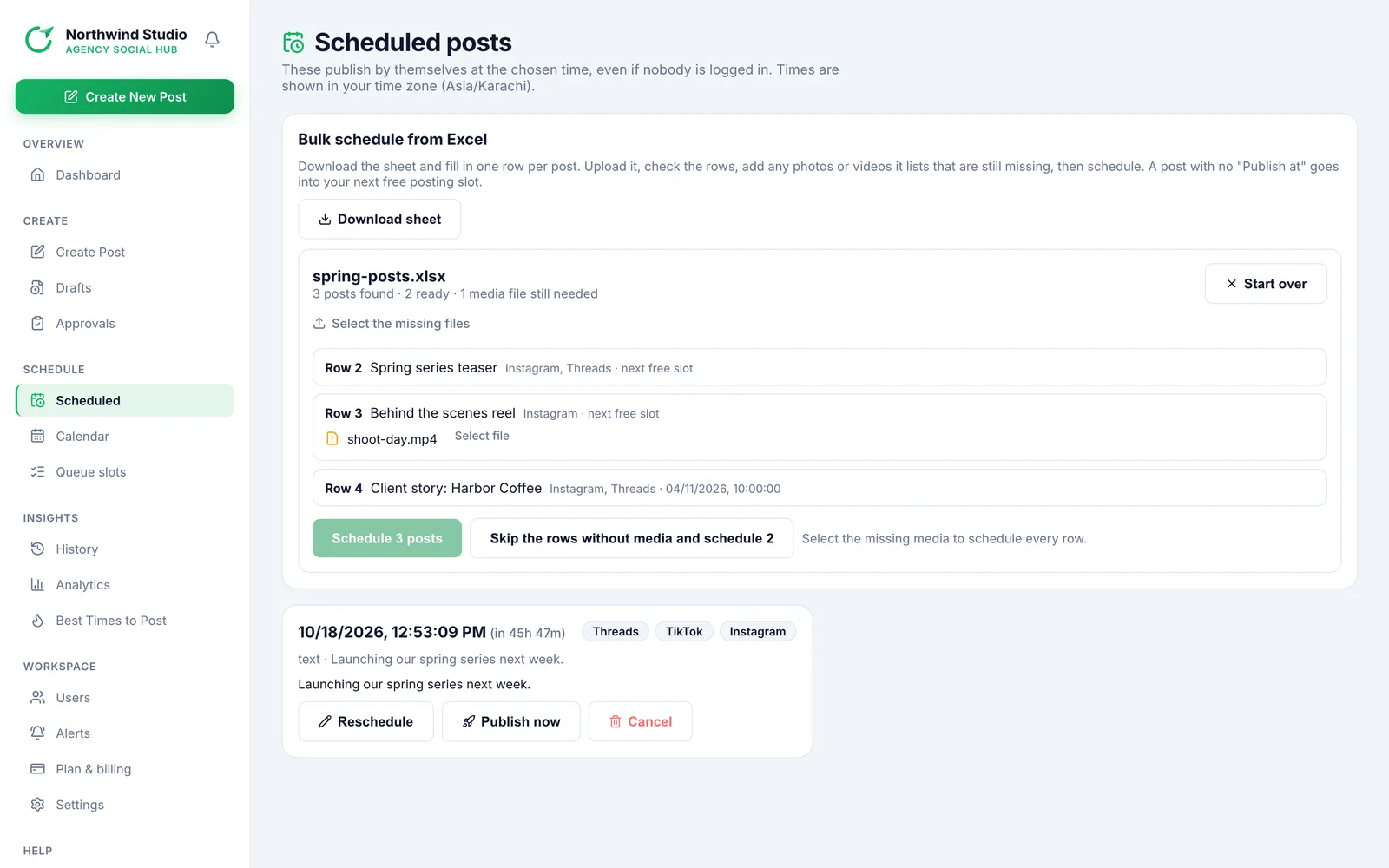Postalu bulk Excel schedule review listing each row, its platforms and any media file still to select