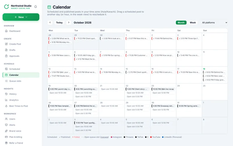 Postalu calendar showing scheduled, published and failed posts for the month