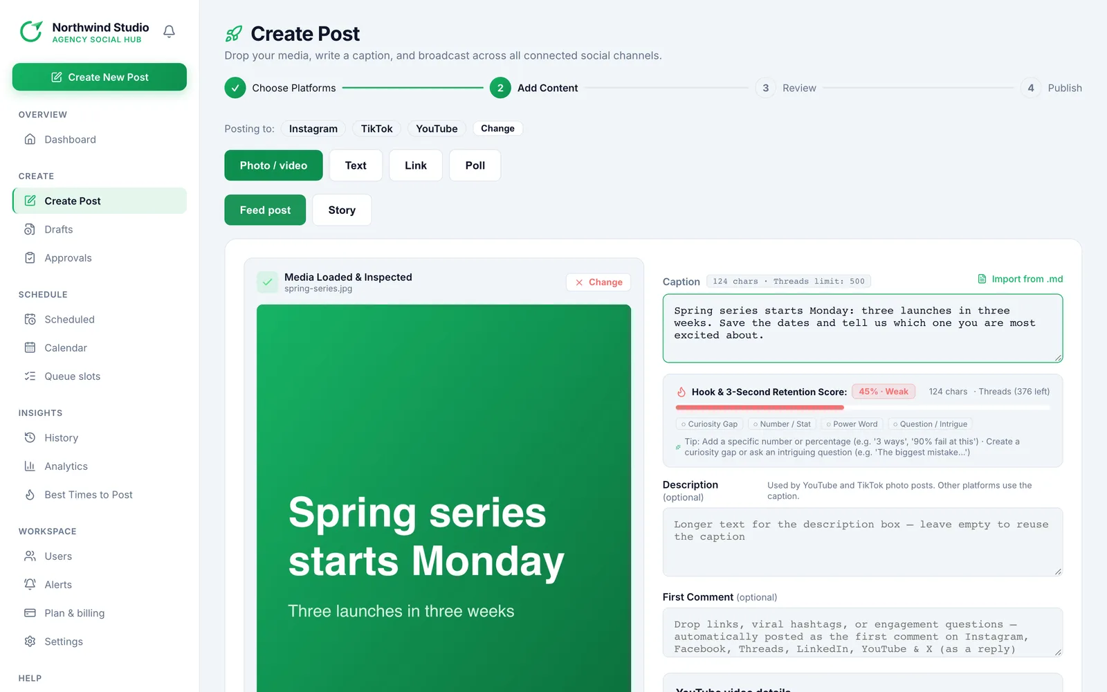 Postalu composer where one post is written once and sent to several platforms
