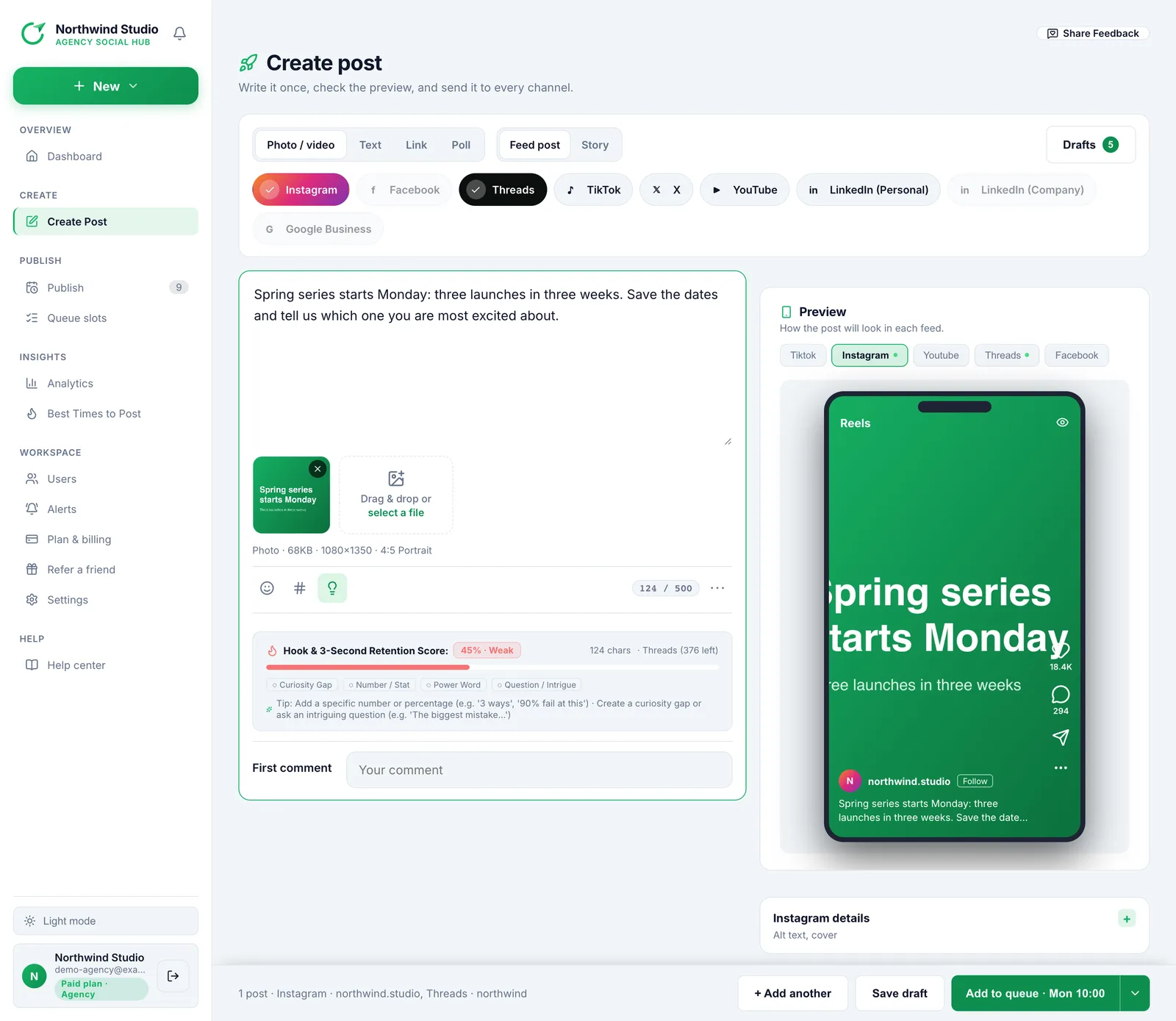 Postalu composer where one post is written once and sent to several platforms