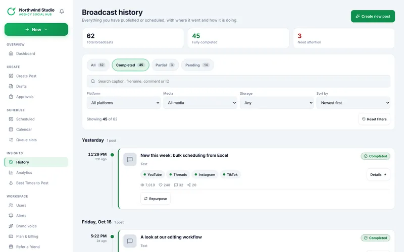 Postalu broadcast history listing every post with its status for each channel