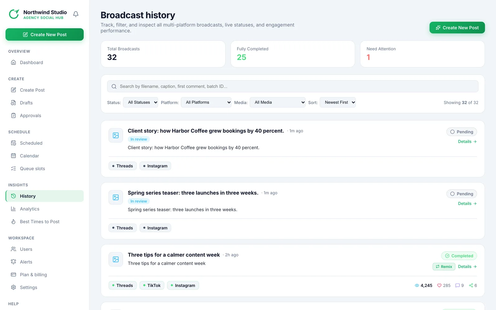 Postalu broadcast history listing every post with its status for each channel