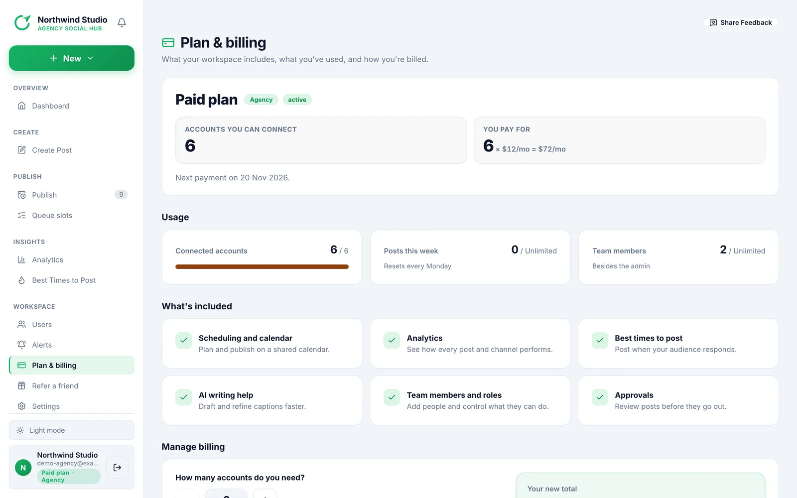 Postalu plan and billing page showing the plan, usage and the number of accounts being paid for