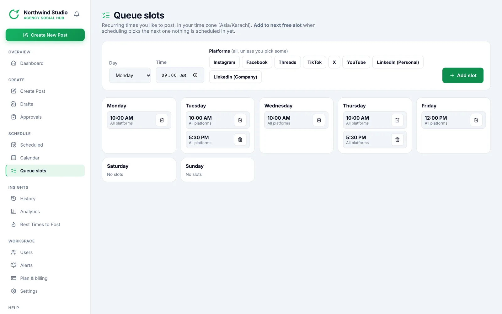 Postalu queue slots page with recurring weekly posting times for each day