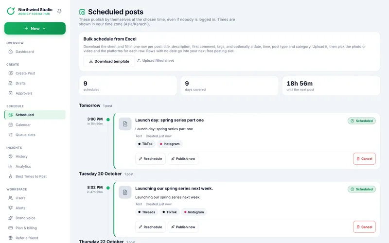 Postalu scheduled posts as a day-by-day timeline with the time, channels and caption of each post, and reschedule, publish now and cancel buttons