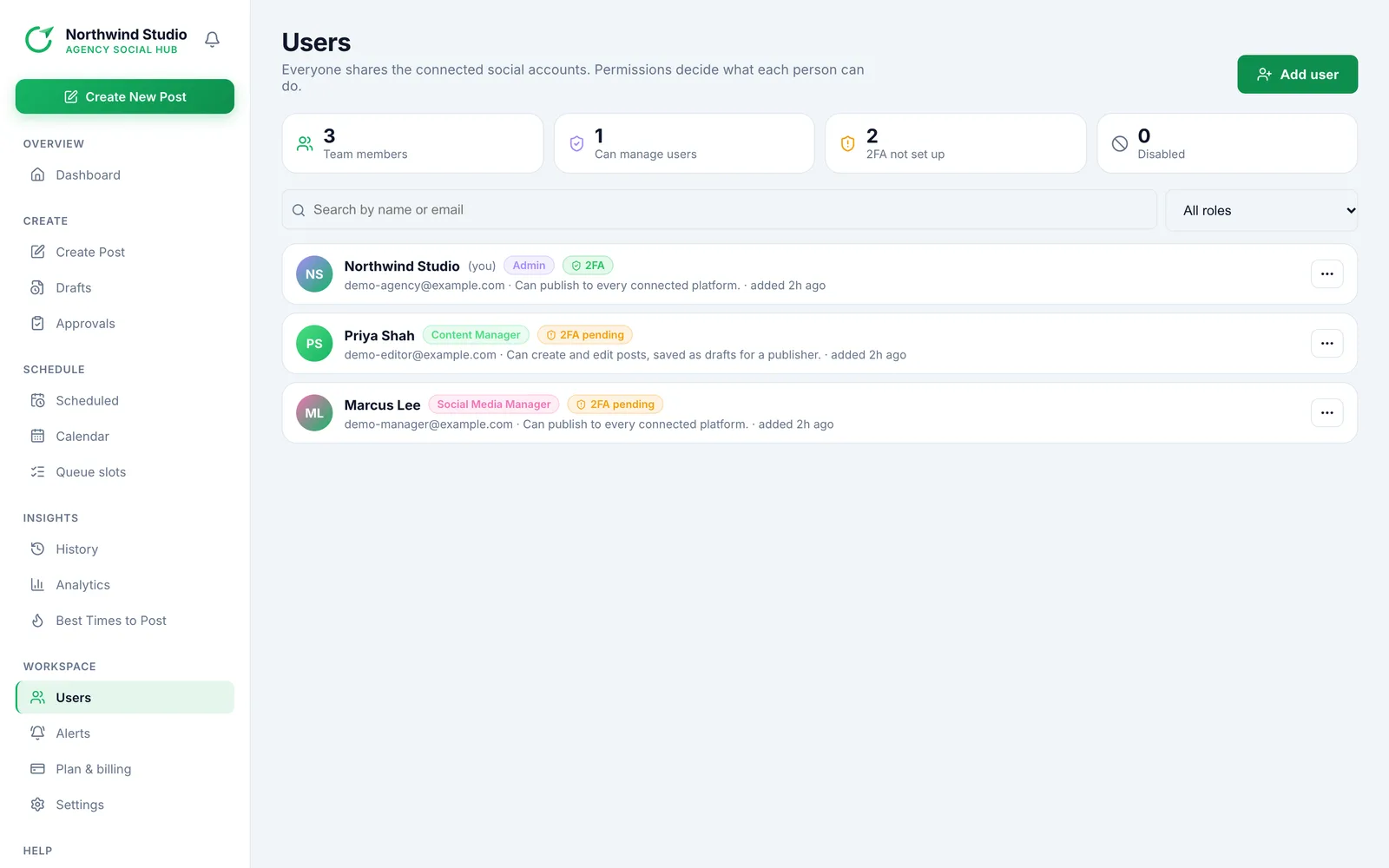 Postalu team page listing members with their roles and permissions
