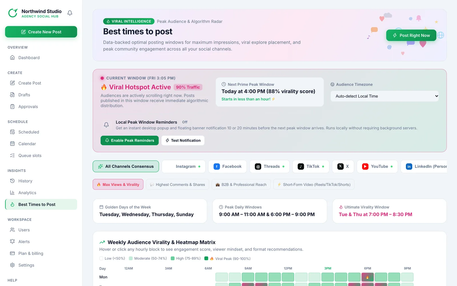 Postalu best times to post, showing the hours and days that work best for each channel